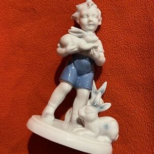 Gerold Porzellan Bavaria Figurine Of Boy w/ Bunnies Rabbits - 7"
